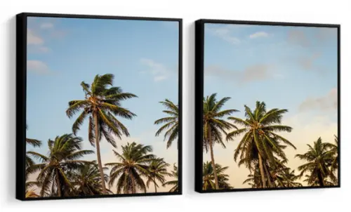 Kit 2 Quadros Praia Paisagem Coqueiros Sol Decoração Moldura