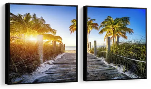 Kit 2 Quadros Praia Paisagem Coqueiro Deck Decoração Moldura