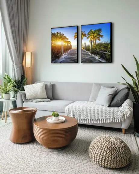 Kit 2 Quadros Praia Paisagem Coqueiro Deck Decoração Moldura