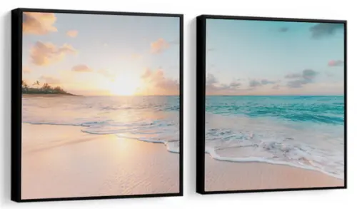 Kit 2 Quadros Praia Pôr Do Sol Decoração Mar Sol Com Moldura