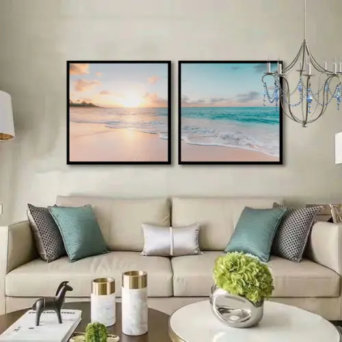 Kit 2 Quadros Praia Pôr Do Sol Decoração Mar Sol Com Moldura