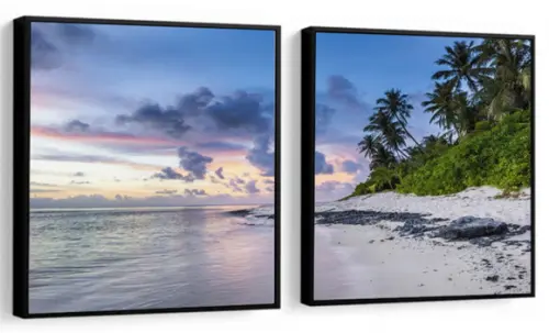 Kit 2 Quadros Praia Pôr Do Sol Decoração Paisagem Molduras