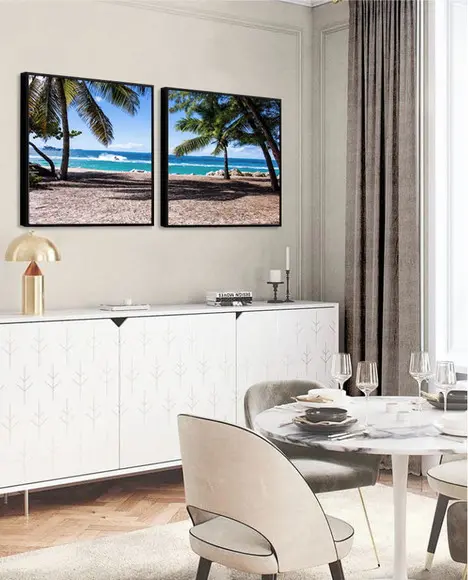 Kit 2 Quadros Praia Pôr Do Sol Decoração Resort Com Molduras