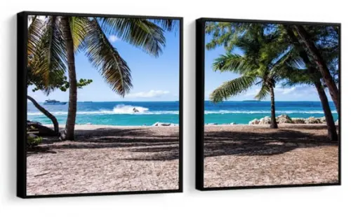 Kit 2 Quadros Praia Pôr Do Sol Decoração Resort Com Molduras