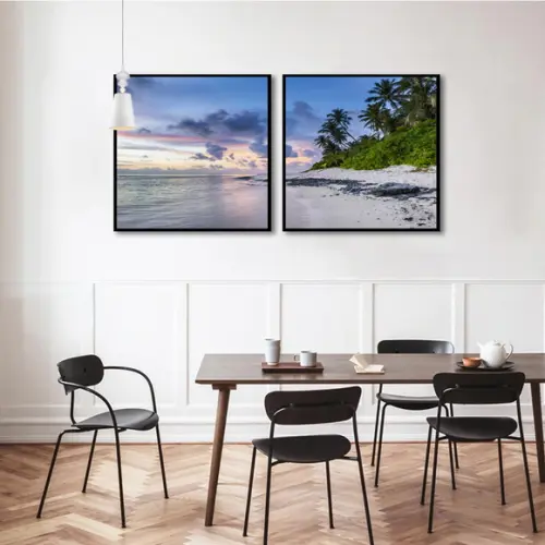 Kit 2 Quadros Praia Pôr Do Sol Decoração Paisagem Molduras