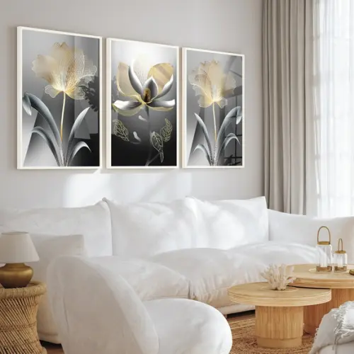 Kit 3 Quadro Decorativo Flores Douradas com Moldura e Vidro