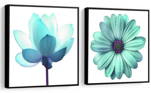 Kit 2 Quadros Rosa Azul Flores Botânico Decoração Molduras