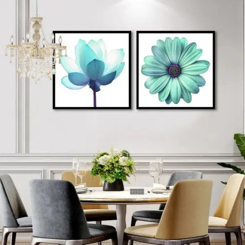 Kit 2 Quadros Rosa Azul Flores Botânico Decoração Molduras