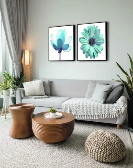 Kit 2 Quadros Rosa Azul Flores Botânico Decoração Molduras