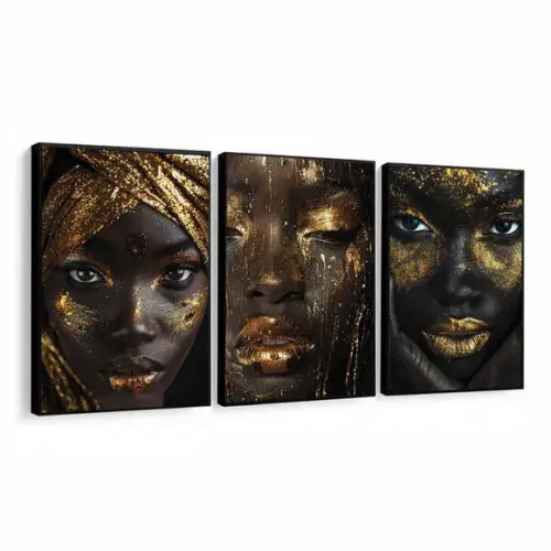 Kit 3 Quadro Decorativo Moderno Mulheres Dourada com Moldura