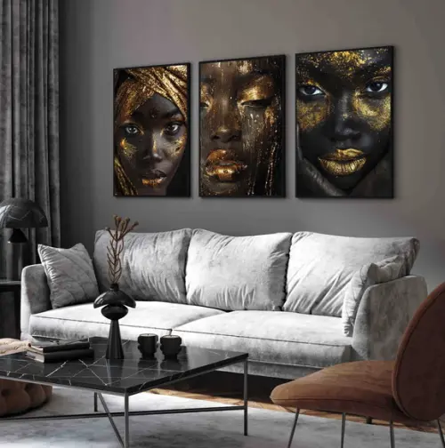 Kit 3 Quadro Decorativo Moderno Mulheres Dourada com Moldura