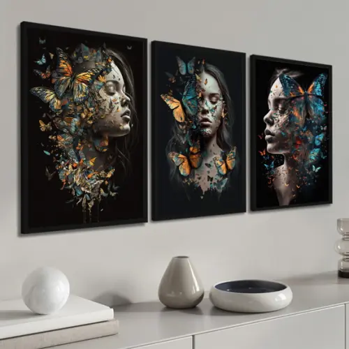Kit 3 Quadro Decorativo Moderno Mulheres Flor com Moldura