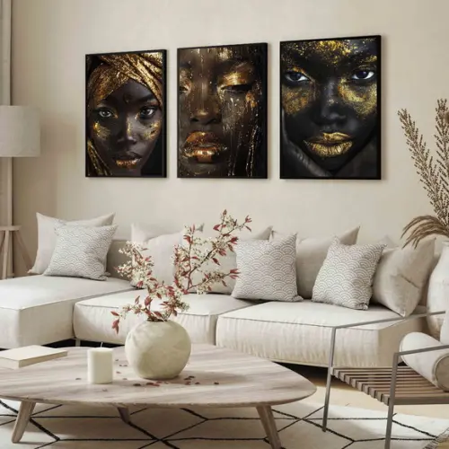 Kit 3 Quadro Decorativo Moderno Mulheres Dourada com Moldura