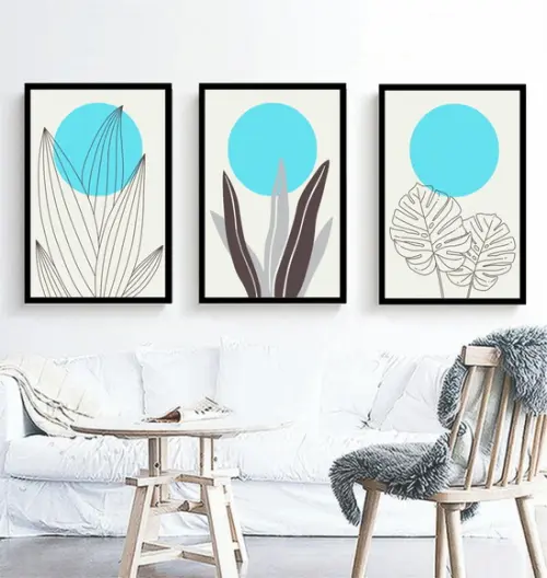 Kit 3 Quadros Abstrato Azul Claro Decoração Folhagem Moldura