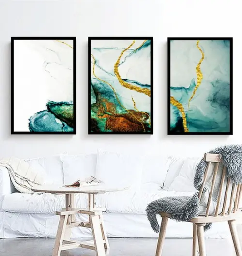 Kit 3 Quadros Abstrato Azul Claro Decoração Conjunto Moldura