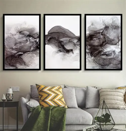 Kit 3 Quadros Abstrato Decoração Preto e Branco Com Molduras