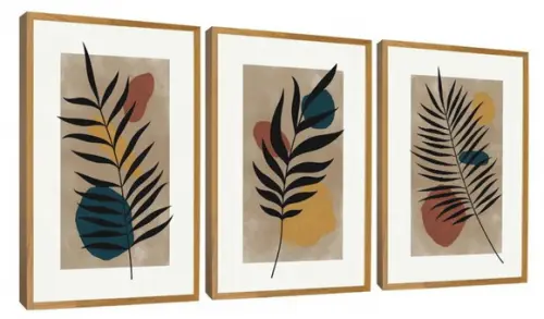Kit 3 Quadros Abstrato Decorativo Folhagem Desenho Molduras