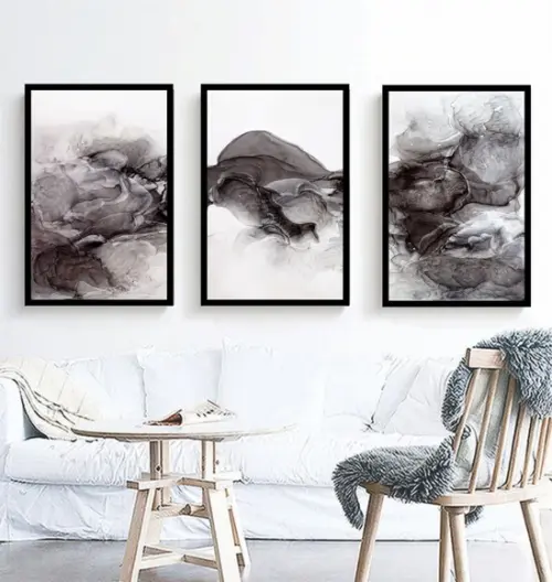 Kit 3 Quadros Abstrato Decoração Preto e Branco Com Molduras