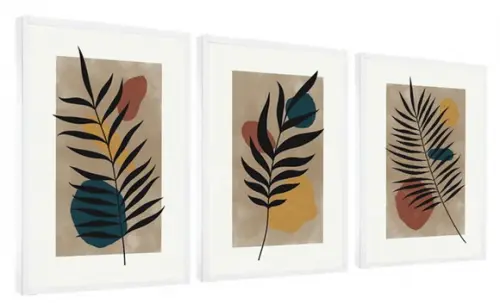 Kit 3 Quadros Abstrato Decorativo Folhagem Desenho Moldura