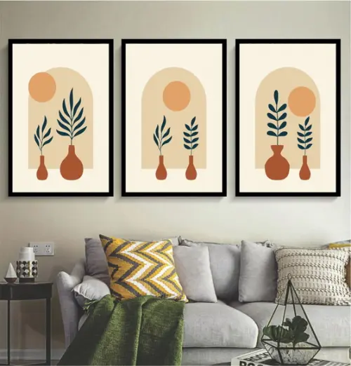Kit 3 Quadros Abstrato Folhagem Decoração Conjunto Molduras