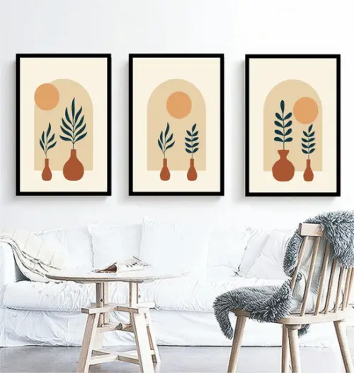Kit 3 Quadros Abstrato Folhagem Decoração Conjunto Molduras