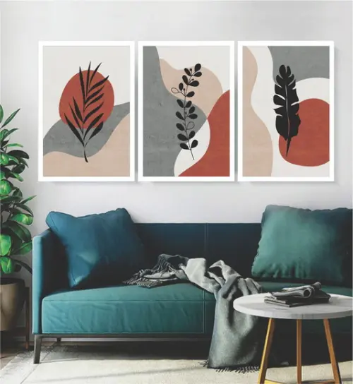 Kit 3 Quadros Abstrato Folhagem Geométrico Decoração Moldura
