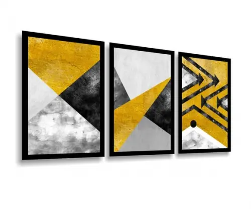 Kit 3 Quadros Abstrato Geométrico Amarelo Conjunto Molduras