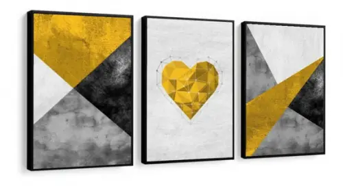 Kit 3 Quadros Abstrato Geométrico Amarelo Decoração Moldura