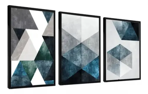 Kit 3 Quadros Abstrato Geométrico Azul Decoração Com Moldura