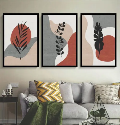 Kit 3 Quadros Abstrato Geométrico Folhagem Decoração Moldura