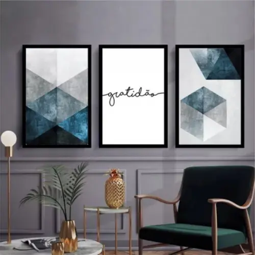 Kit 3 Quadros Abstrato Geométrico Decoração Gratidão Moldura