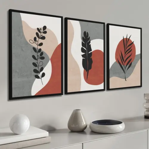 Kit 3 Quadros Abstrato Geométrico Folhagem Decoração Moldura
