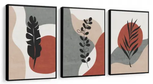 Kit 3 Quadros Abstrato Geométrico Folhagem Decoração Moldura