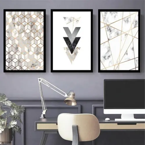 Kit 3 Quadros Abstrato Geométrico Mármore Decoração Molduras