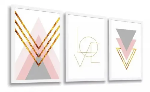 Kit 3 Quadros Abstrato Geométrico Love Rosa Dourado Molduras