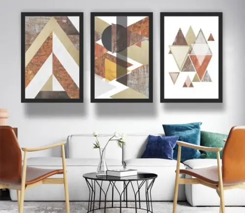 Kit 3 Quadros Abstrato Geométrico Marrom Decoração Molduras