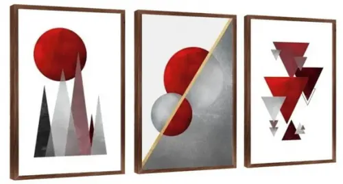 Kit 3 Quadros Abstrato Geométrico Vermelho Decoração Moldura