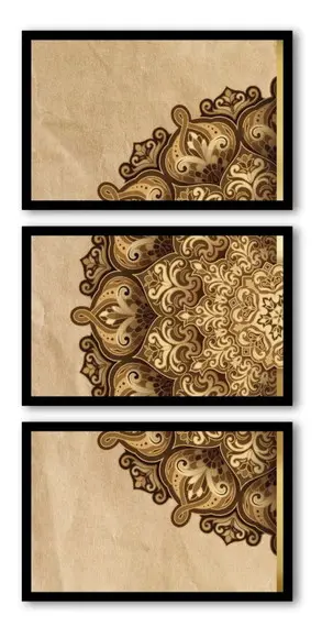 Kit 3 Quadros Abstrato Mandala Dourada Decoração Com Moldura