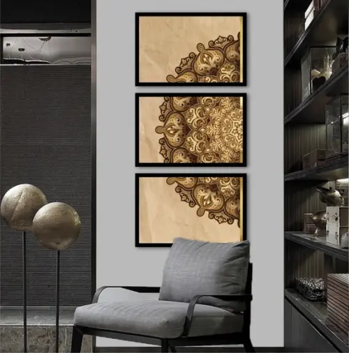 Kit 3 Quadros Abstrato Mandala Dourada Decoração Com Moldura