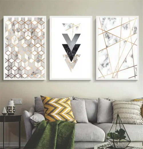 Kit 3 Quadros Abstrato Mármore Geométrico Decoração Molduras