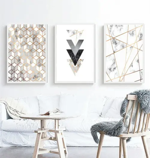 Kit 3 Quadros Abstrato Mármore Geométrico Decoração Molduras