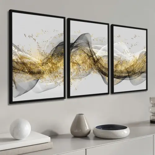 Kit 3 Quadros Abstrato Mármore Gold Cinza Decoração Molduras