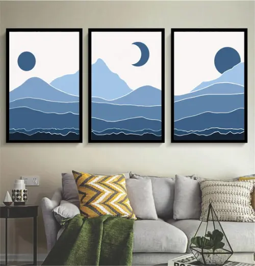 Kit 3 Quadros Abstrato Paisagem Azul Lua Decoração Moldura