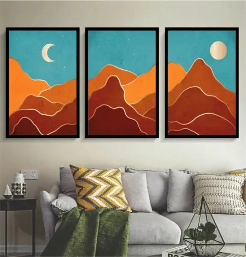 Kit 3 Quadros Abstrato Paisagem Lua Decoração Com Moldura