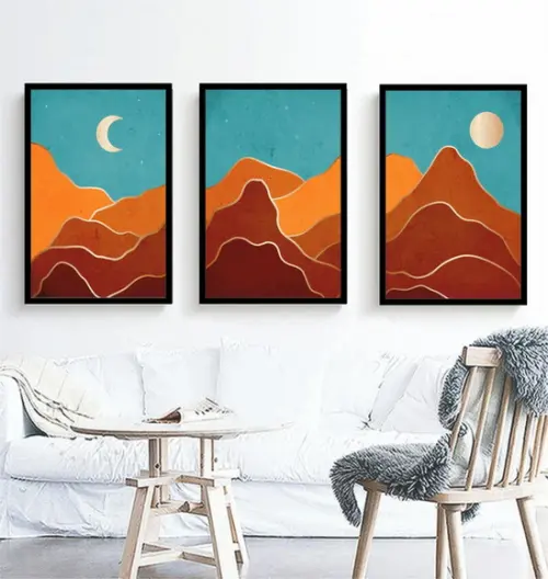 Kit 3 Quadros Abstrato Paisagem Lua Decoração Com Moldura