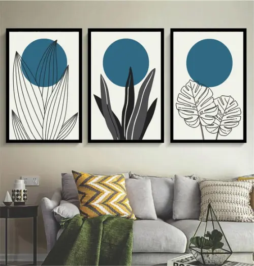 Kit 3 Quadros Abstratos Decoração Folhagem Azul Com Moldura