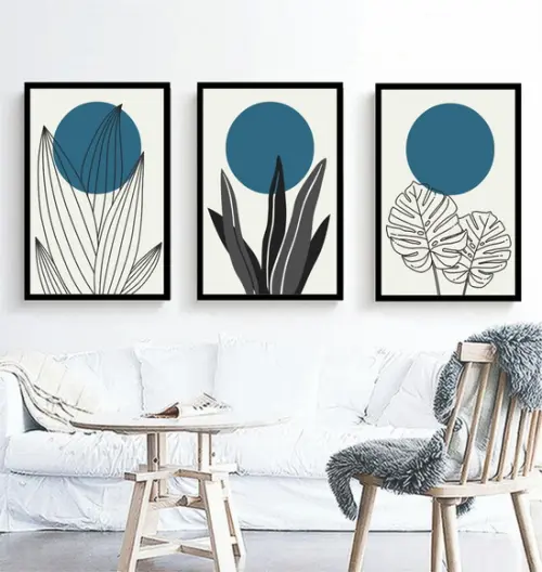 Kit 3 Quadros Abstratos Decoração Folhagem Azul Com Moldura