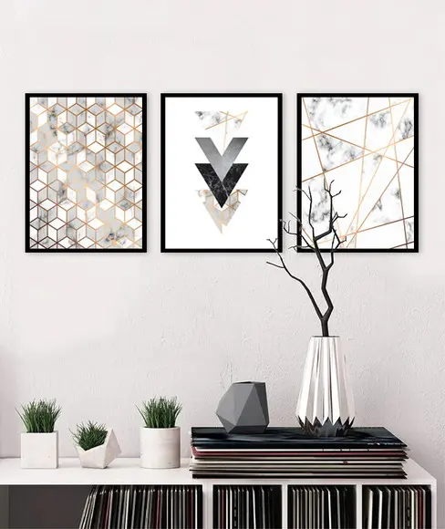 Kit 3 Quadros Abstratos Geométrico Mármore Decoração Moldura