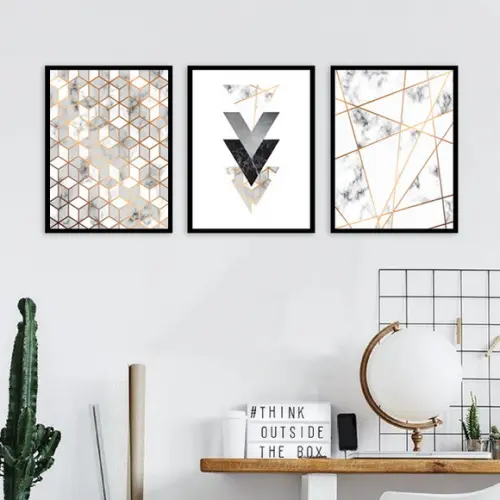 Kit 3 Quadros Abstratos Geométrico Mármore Decoração Moldura