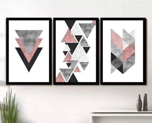 Kit 3 Quadros Abstratos Geométrico Tons Cinza e Rosa Moldura